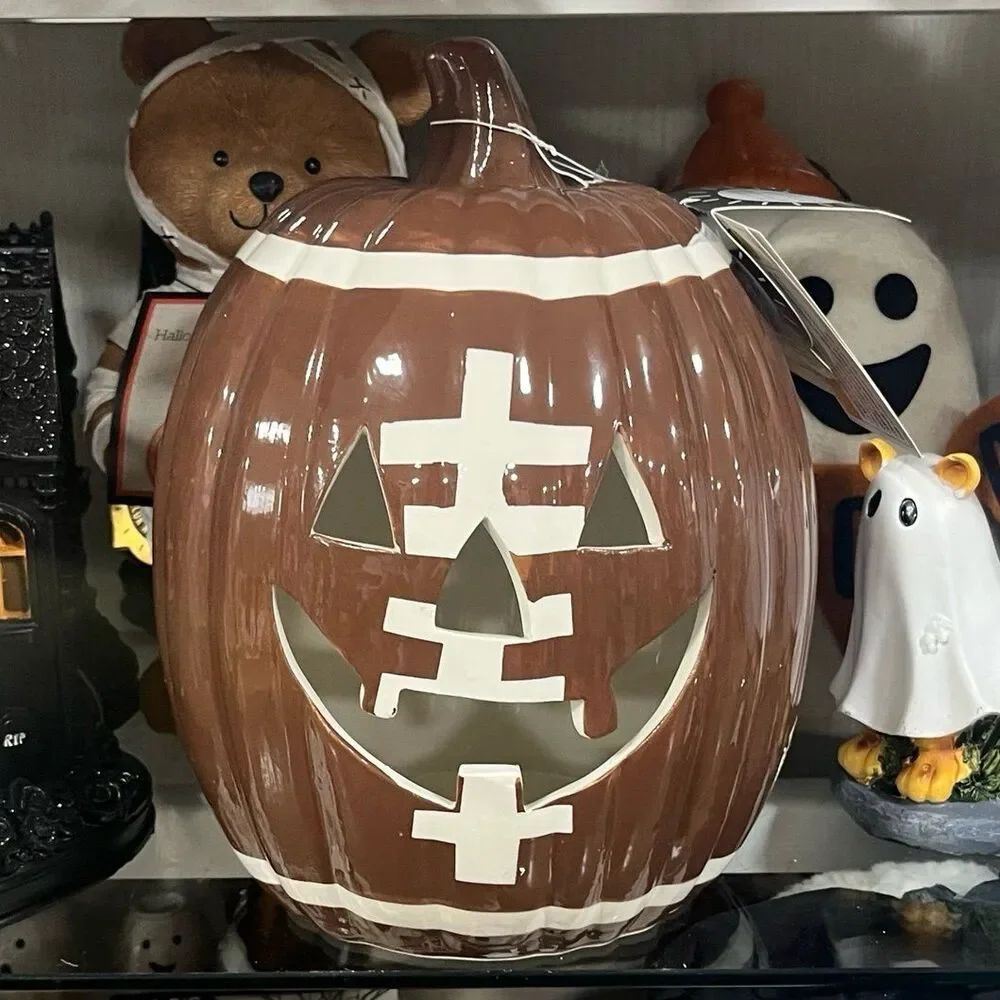 Halloween Football LED Light Up Pumpkin Jack O Lantern Ceramic Home Decor